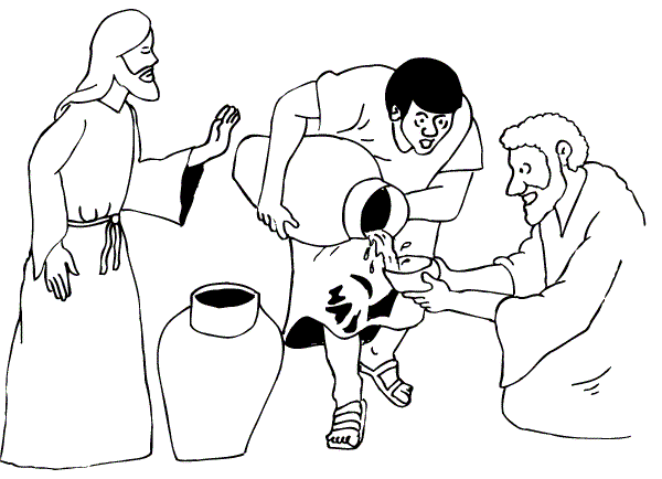 Water Into Wine A coloring page of the wedding feast miracle